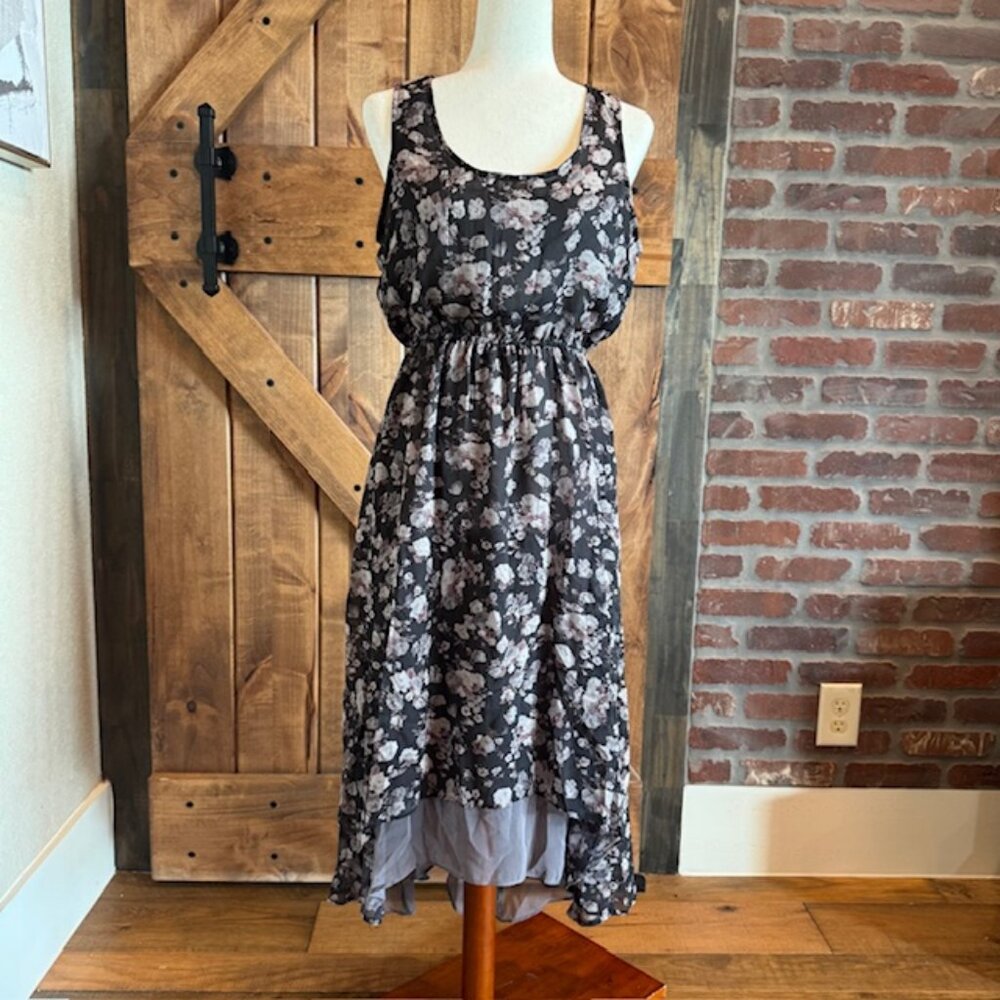 Blue Bird Black Floral Sleeveless High-Low Midi Dress Women’s Medium
